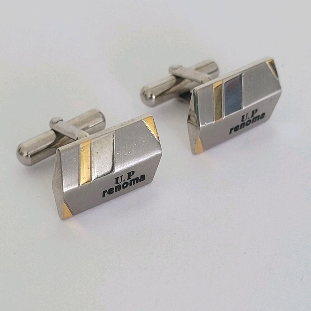 U.P. Renoma Paris Gold Silver‎ Tone Rectangle Logo Cufflinks Designer Geometric